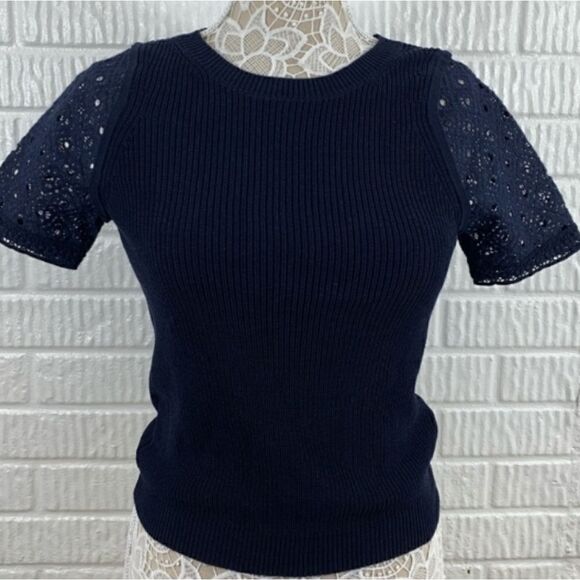 Banana Republic Eyelet Short Sleeved Ribbed Sweater Navy Sz  XSMALL Cotton - Picture 6 of 9
